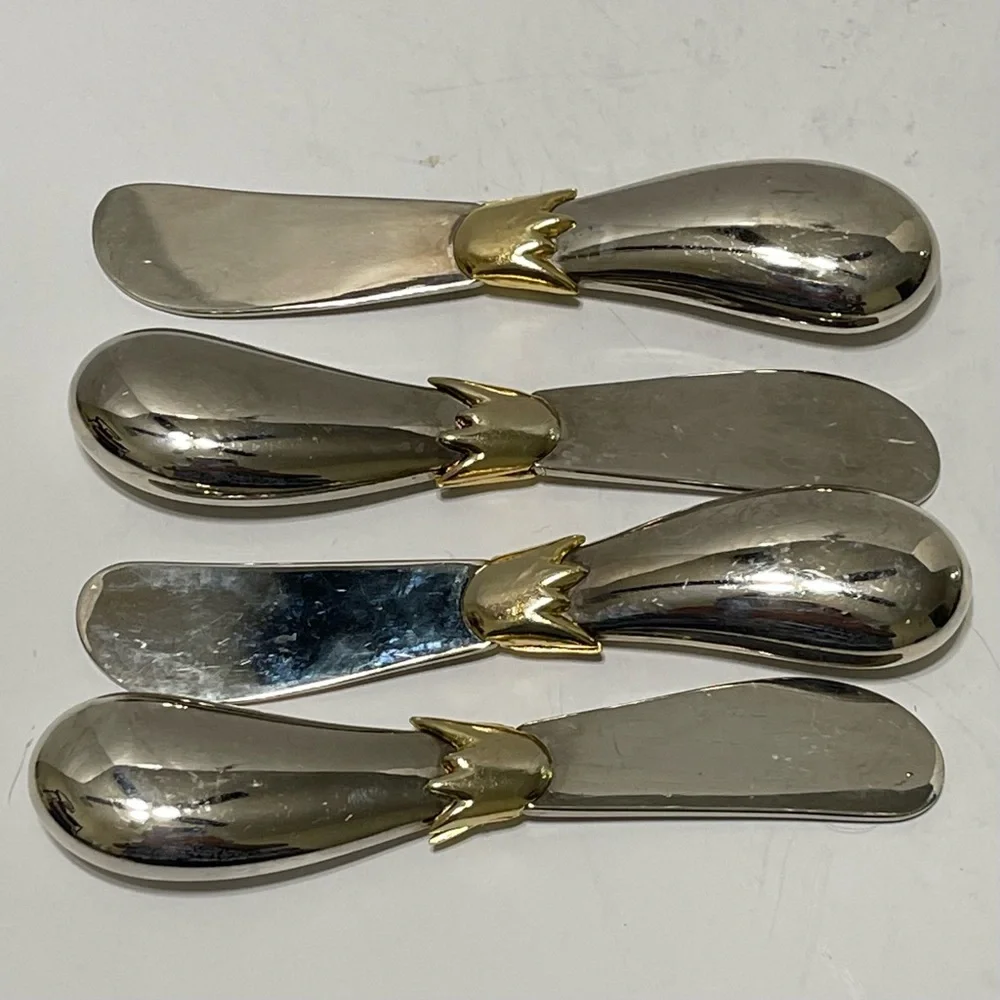 Joie de Vivre Eggplant Pattern Cheese Butter Spreader Silver Gold Toned Set of 4